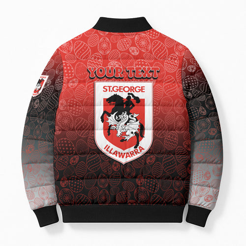Personalized St. George Illawarra Dragons Bomber Puffer Jacket Easter Mascot - Colorful Eggs Cartoon Style