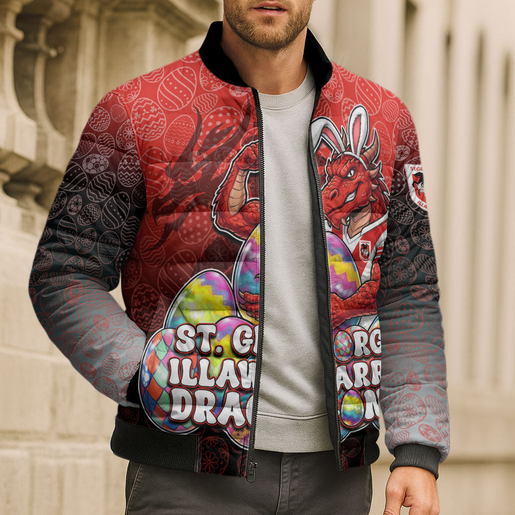 Personalized St. George Illawarra Dragons Bomber Puffer Jacket Easter Mascot - Colorful Eggs Cartoon Style