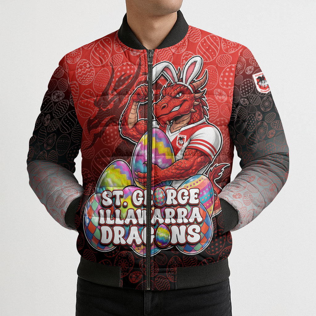 Personalized St. George Illawarra Dragons Bomber Puffer Jacket Easter Mascot - Colorful Eggs Cartoon Style