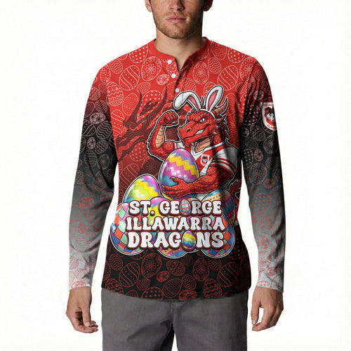 Personalized St. George Illawarra Dragons Button Sweatshirt Easter Mascot - Colorful Eggs Cartoon Style