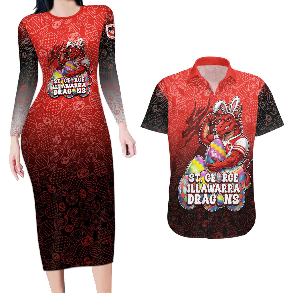 Personalized St. George Illawarra Dragons Couples Matching Long Sleeve Bodycon Dress and Hawaiian Shirt Easter Mascot - Colorful Eggs Cartoon Style