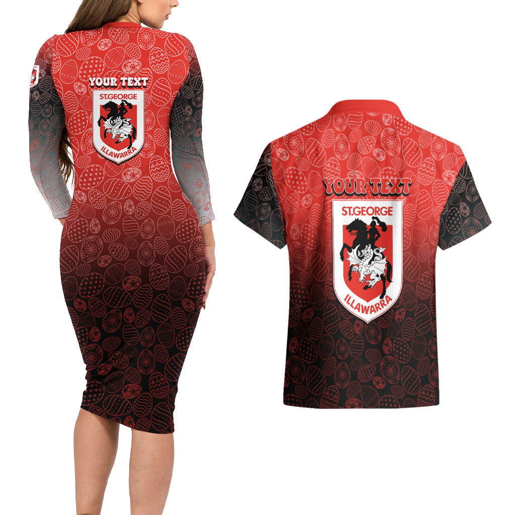 Personalized St. George Illawarra Dragons Couples Matching Long Sleeve Bodycon Dress and Hawaiian Shirt Easter Mascot - Colorful Eggs Cartoon Style