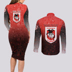 Personalized St. George Illawarra Dragons Couples Matching Long Sleeve Bodycon Dress and Long Sleeve Button Shirt Easter Mascot - Colorful Eggs Cartoon Style