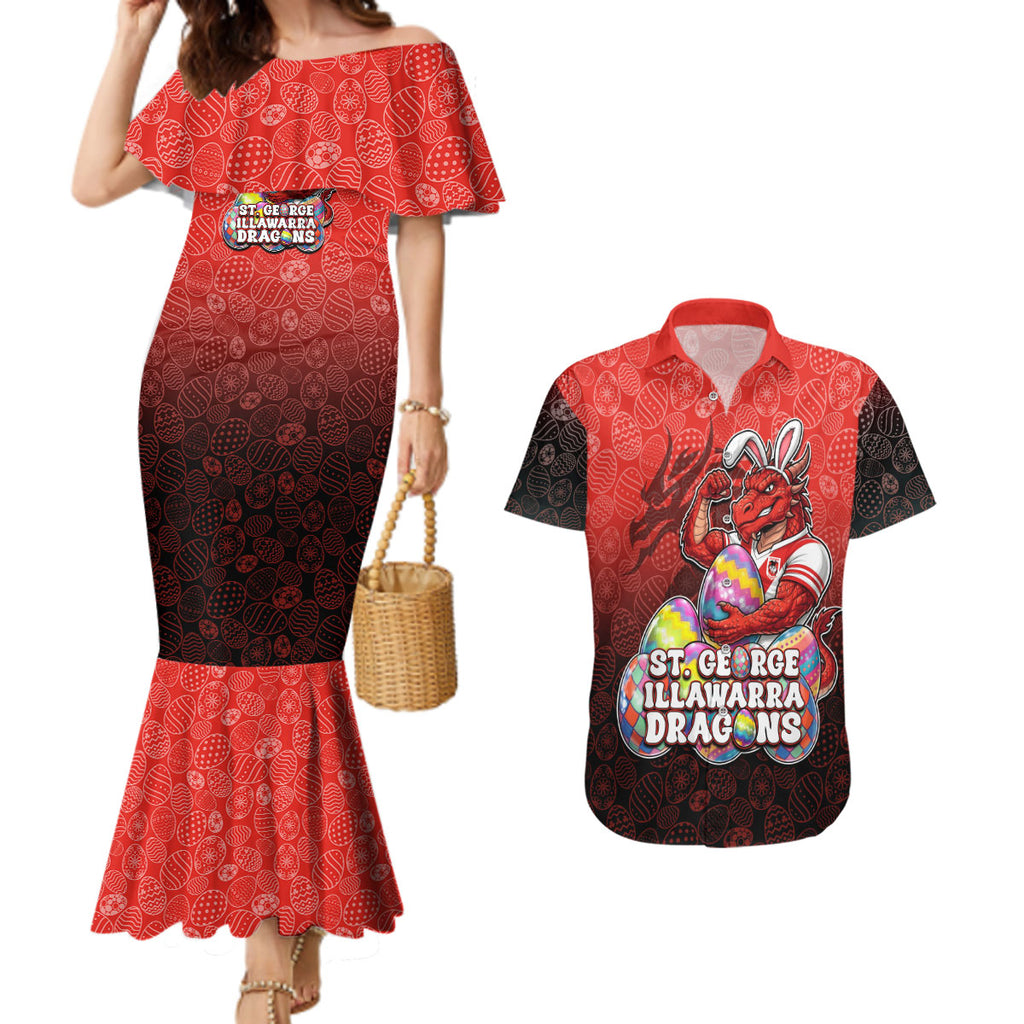 Personalized St. George Illawarra Dragons Couples Matching Mermaid Dress and Hawaiian Shirt Easter Mascot - Colorful Eggs Cartoon Style