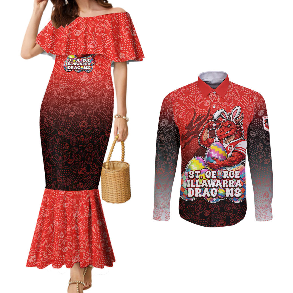 Personalized St. George Illawarra Dragons Couples Matching Mermaid Dress and Long Sleeve Button Shirt Easter Mascot - Colorful Eggs Cartoon Style