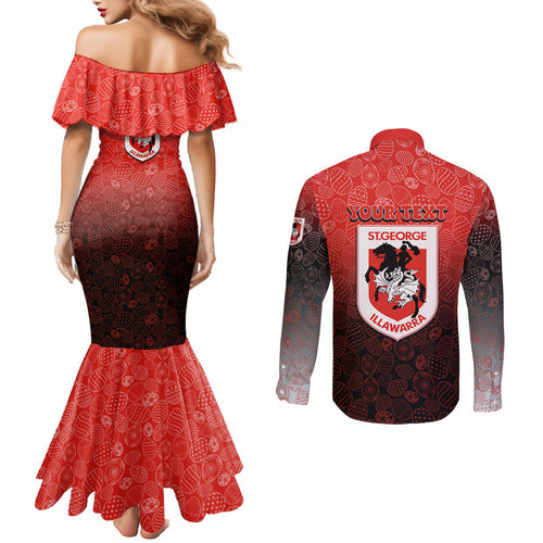 Personalized St. George Illawarra Dragons Couples Matching Mermaid Dress and Long Sleeve Button Shirt Easter Mascot - Colorful Eggs Cartoon Style