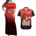 Personalized St. George Illawarra Dragons Couples Matching Off Shoulder Maxi Dress and Hawaiian Shirt Easter Mascot - Colorful Eggs Cartoon Style