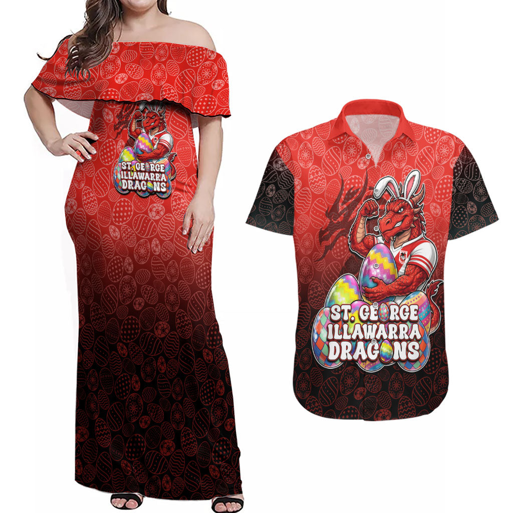 Personalized St. George Illawarra Dragons Couples Matching Off Shoulder Maxi Dress and Hawaiian Shirt Easter Mascot - Colorful Eggs Cartoon Style
