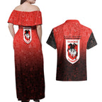 Personalized St. George Illawarra Dragons Couples Matching Off Shoulder Maxi Dress and Hawaiian Shirt Easter Mascot - Colorful Eggs Cartoon Style
