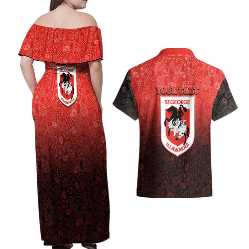 Personalized St. George Illawarra Dragons Couples Matching Off Shoulder Maxi Dress and Hawaiian Shirt Easter Mascot - Colorful Eggs Cartoon Style