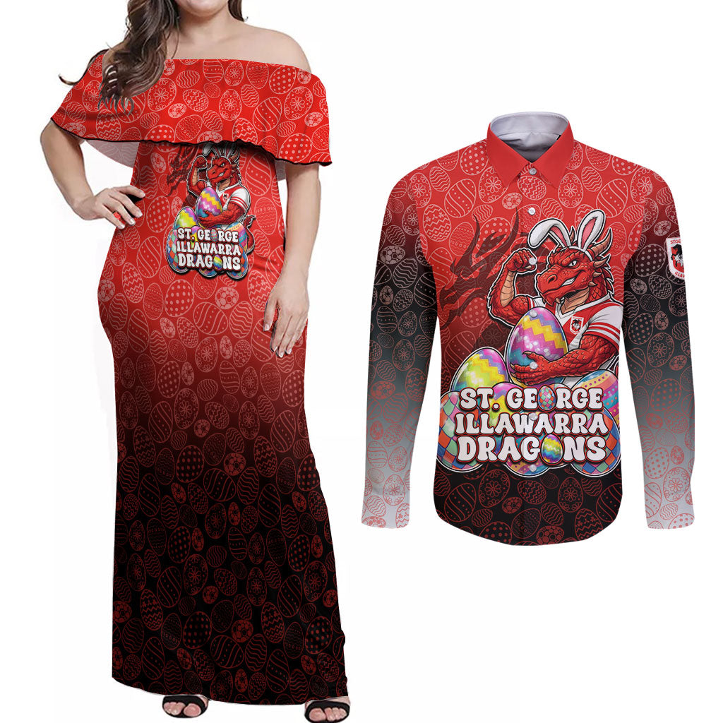 Personalized St. George Illawarra Dragons Couples Matching Off Shoulder Maxi Dress and Long Sleeve Button Shirt Easter Mascot - Colorful Eggs Cartoon Style