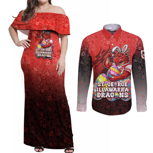 Personalized St. George Illawarra Dragons Couples Matching Off Shoulder Maxi Dress and Long Sleeve Button Shirt Easter Mascot - Colorful Eggs Cartoon Style