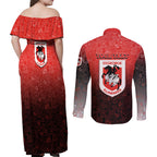 Personalized St. George Illawarra Dragons Couples Matching Off Shoulder Maxi Dress and Long Sleeve Button Shirt Easter Mascot - Colorful Eggs Cartoon Style