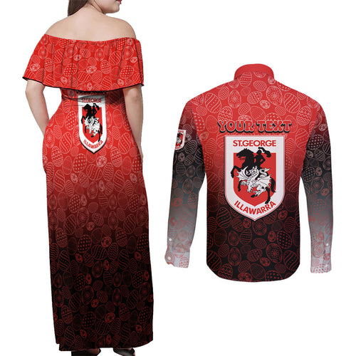 Personalized St. George Illawarra Dragons Couples Matching Off Shoulder Maxi Dress and Long Sleeve Button Shirt Easter Mascot - Colorful Eggs Cartoon Style