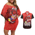 Personalized St. George Illawarra Dragons Couples Matching Off Shoulder Short Dress and Hawaiian Shirt Easter Mascot - Colorful Eggs Cartoon Style