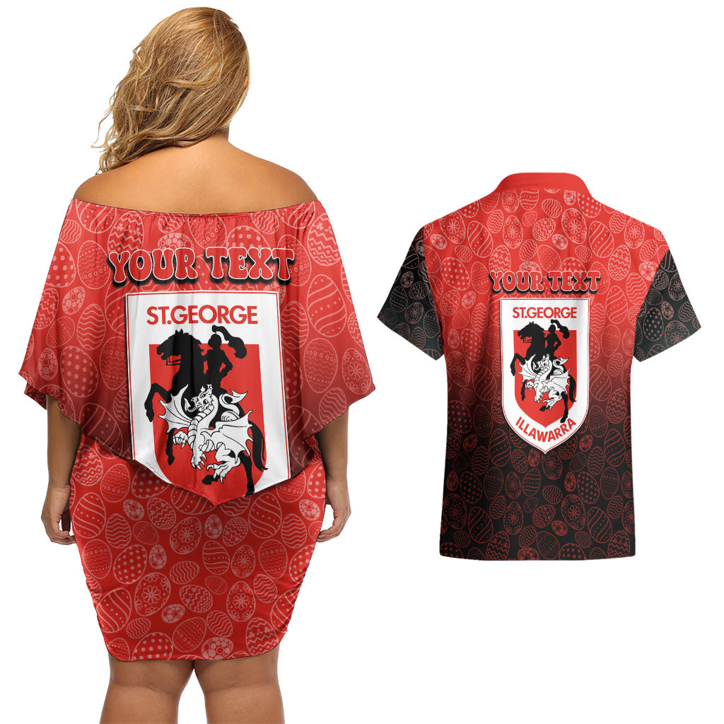 Personalized St. George Illawarra Dragons Couples Matching Off Shoulder Short Dress and Hawaiian Shirt Easter Mascot - Colorful Eggs Cartoon Style