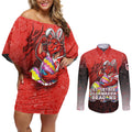 Personalized St. George Illawarra Dragons Couples Matching Off Shoulder Short Dress and Long Sleeve Button Shirt Easter Mascot - Colorful Eggs Cartoon Style