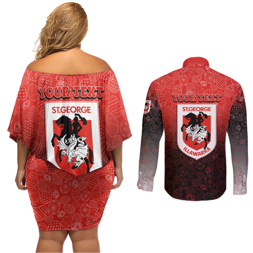 Personalized St. George Illawarra Dragons Couples Matching Off Shoulder Short Dress and Long Sleeve Button Shirt Easter Mascot - Colorful Eggs Cartoon Style