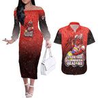 Personalized St. George Illawarra Dragons Couples Matching Off The Shoulder Long Sleeve Dress and Hawaiian Shirt Easter Mascot - Colorful Eggs Cartoon Style