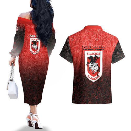 Personalized St. George Illawarra Dragons Couples Matching Off The Shoulder Long Sleeve Dress and Hawaiian Shirt Easter Mascot - Colorful Eggs Cartoon Style