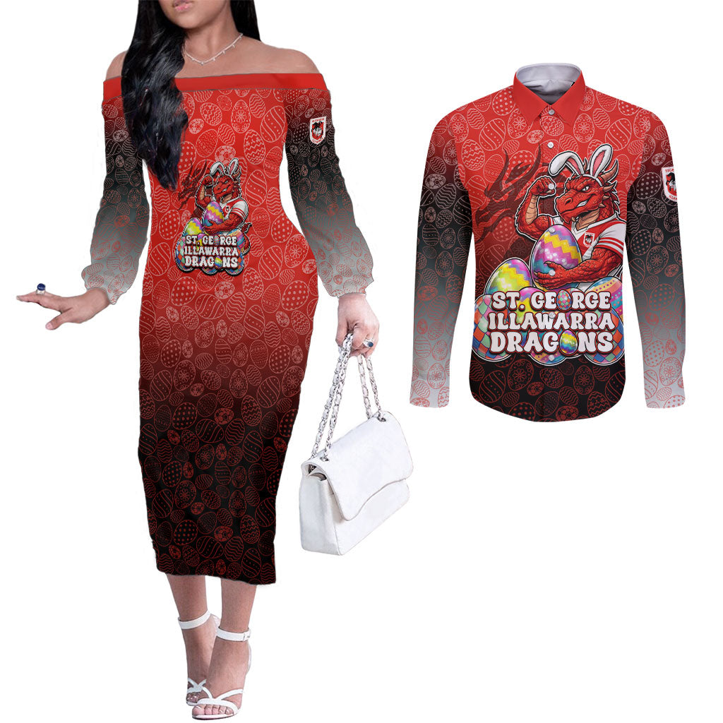 Personalized St. George Illawarra Dragons Couples Matching Off The Shoulder Long Sleeve Dress and Long Sleeve Button Shirt Easter Mascot - Colorful Eggs Cartoon Style