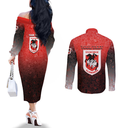Personalized St. George Illawarra Dragons Couples Matching Off The Shoulder Long Sleeve Dress and Long Sleeve Button Shirt Easter Mascot - Colorful Eggs Cartoon Style