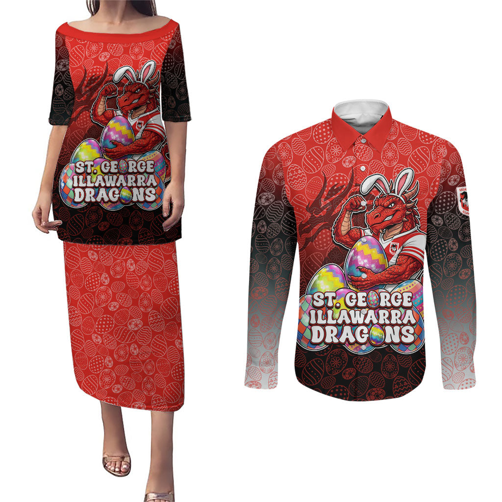 Personalized St. George Illawarra Dragons Couples Matching Puletasi and Long Sleeve Button Shirt Easter Mascot - Colorful Eggs Cartoon Style