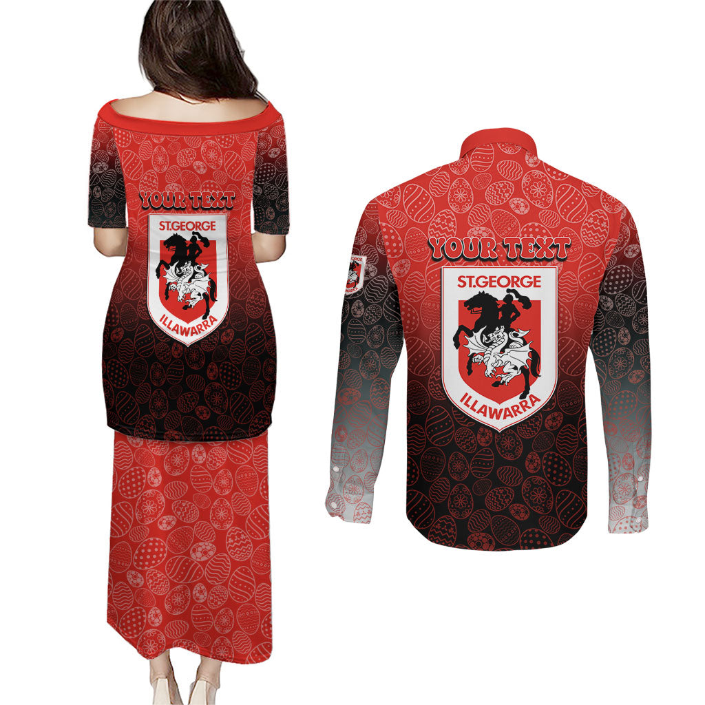 Personalized St. George Illawarra Dragons Couples Matching Puletasi and Long Sleeve Button Shirt Easter Mascot - Colorful Eggs Cartoon Style