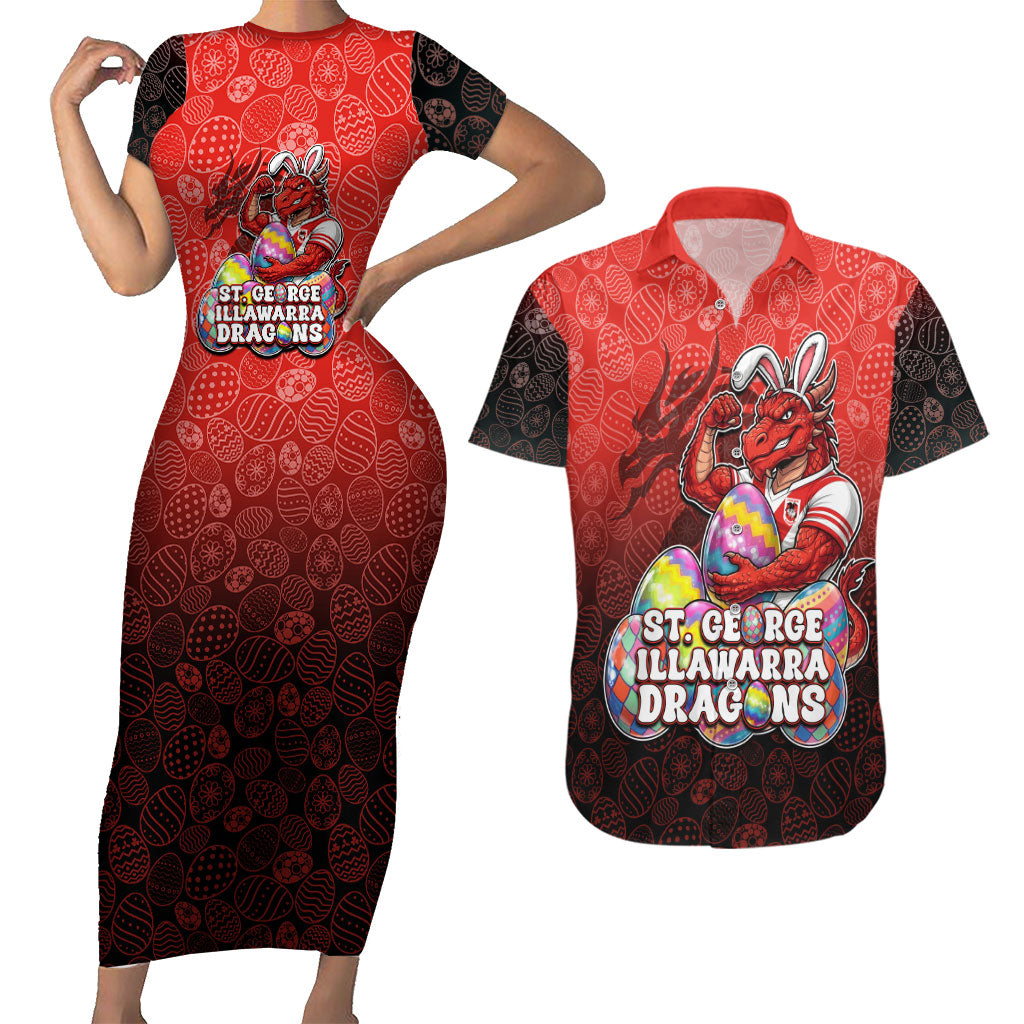 Personalized St. George Illawarra Dragons Couples Matching Short Sleeve Bodycon Dress and Hawaiian Shirt Easter Mascot - Colorful Eggs Cartoon Style