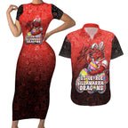 Personalized St. George Illawarra Dragons Couples Matching Short Sleeve Bodycon Dress and Hawaiian Shirt Easter Mascot - Colorful Eggs Cartoon Style