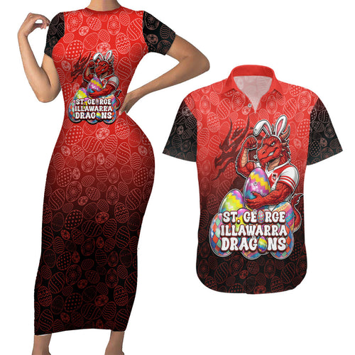 Personalized St. George Illawarra Dragons Couples Matching Short Sleeve Bodycon Dress and Hawaiian Shirt Easter Mascot - Colorful Eggs Cartoon Style
