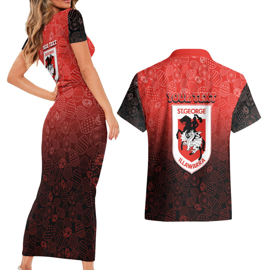 Personalized St. George Illawarra Dragons Couples Matching Short Sleeve Bodycon Dress and Hawaiian Shirt Easter Mascot - Colorful Eggs Cartoon Style