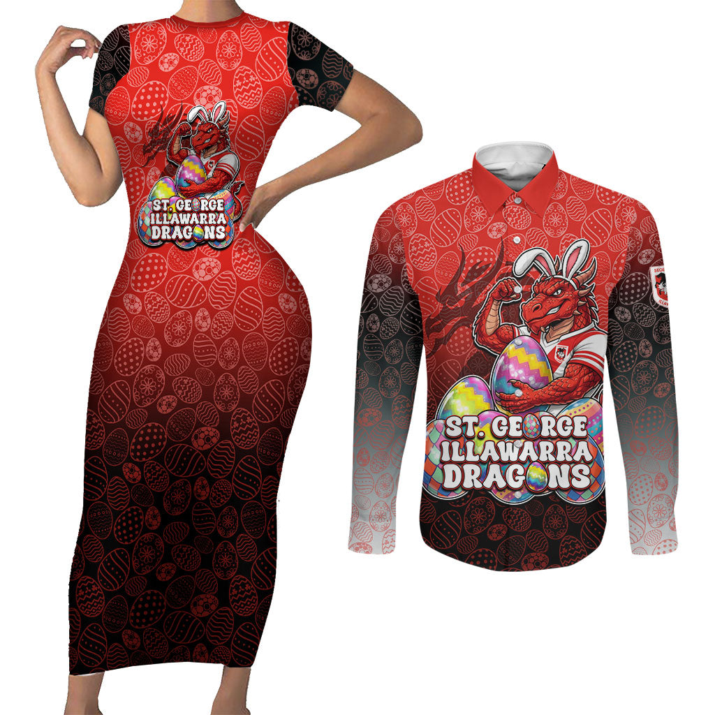 Personalized St. George Illawarra Dragons Couples Matching Short Sleeve Bodycon Dress and Long Sleeve Button Shirt Easter Mascot - Colorful Eggs Cartoon Style