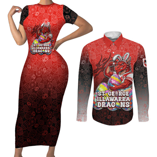 Personalized St. George Illawarra Dragons Couples Matching Short Sleeve Bodycon Dress and Long Sleeve Button Shirt Easter Mascot - Colorful Eggs Cartoon Style