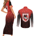 Personalized St. George Illawarra Dragons Couples Matching Short Sleeve Bodycon Dress and Long Sleeve Button Shirt Easter Mascot - Colorful Eggs Cartoon Style