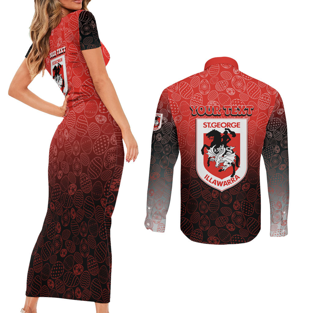 Personalized St. George Illawarra Dragons Couples Matching Short Sleeve Bodycon Dress and Long Sleeve Button Shirt Easter Mascot - Colorful Eggs Cartoon Style