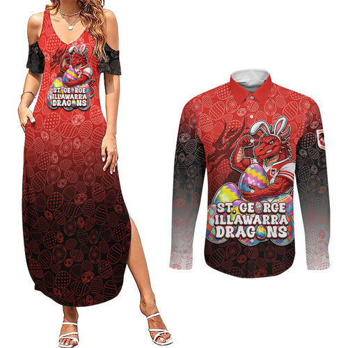 Personalized St. George Illawarra Dragons Couples Matching Summer Maxi Dress and Long Sleeve Button Shirt Easter Mascot - Colorful Eggs Cartoon Style