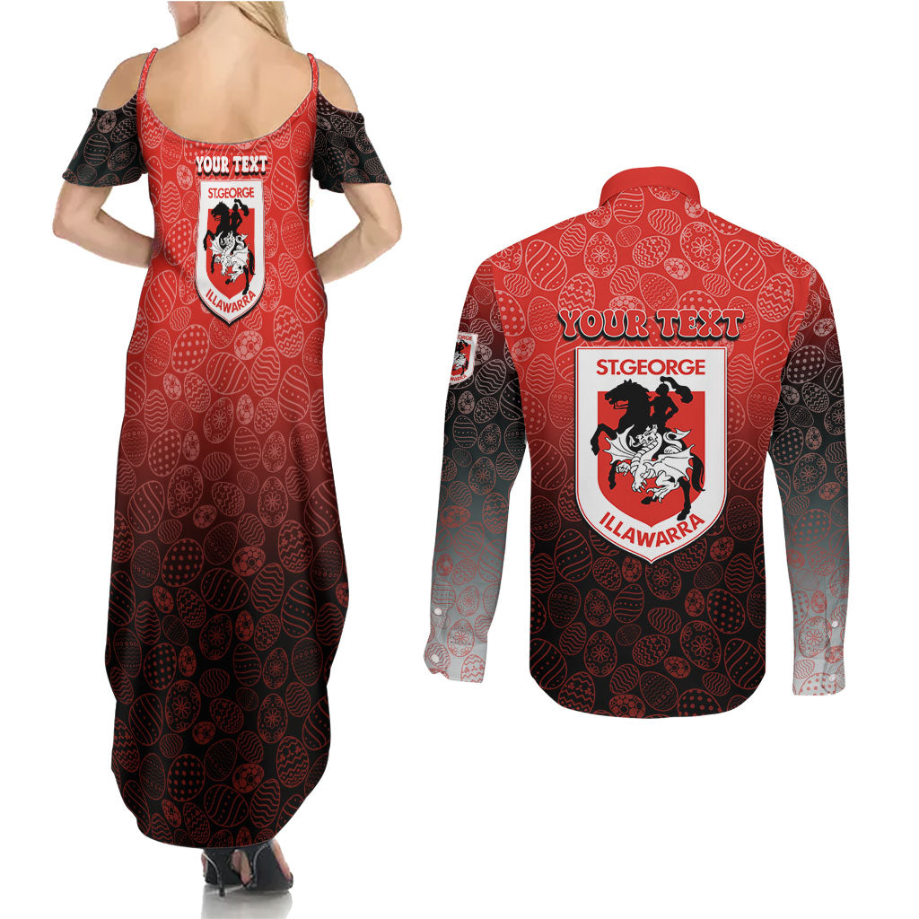 Personalized St. George Illawarra Dragons Couples Matching Summer Maxi Dress and Long Sleeve Button Shirt Easter Mascot - Colorful Eggs Cartoon Style