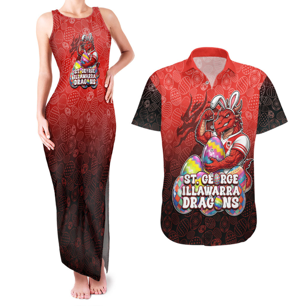 Personalized St. George Illawarra Dragons Couples Matching Tank Maxi Dress and Hawaiian Shirt Easter Mascot - Colorful Eggs Cartoon Style