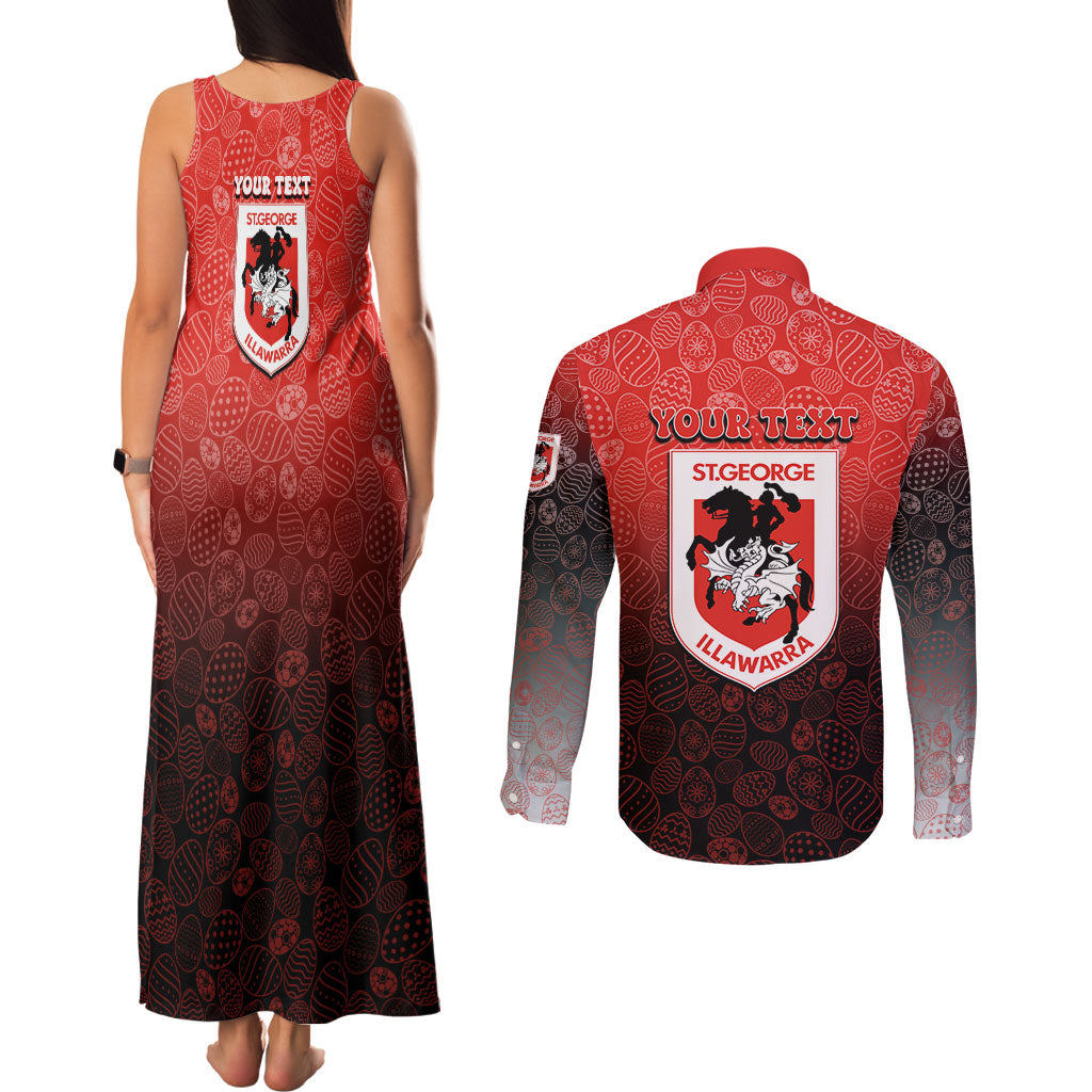 Personalized St. George Illawarra Dragons Couples Matching Tank Maxi Dress and Long Sleeve Button Shirt Easter Mascot - Colorful Eggs Cartoon Style