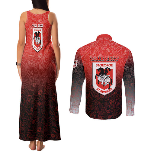 Personalized St. George Illawarra Dragons Couples Matching Tank Maxi Dress and Long Sleeve Button Shirt Easter Mascot - Colorful Eggs Cartoon Style