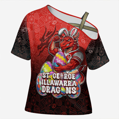 Personalized St. George Illawarra Dragons Cross Shoulder Shirt Easter Mascot - Colorful Eggs Cartoon Style