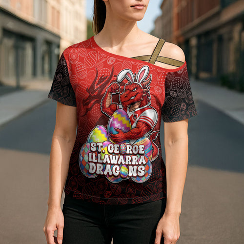 Personalized St. George Illawarra Dragons Cross Shoulder Shirt Easter Mascot - Colorful Eggs Cartoon Style