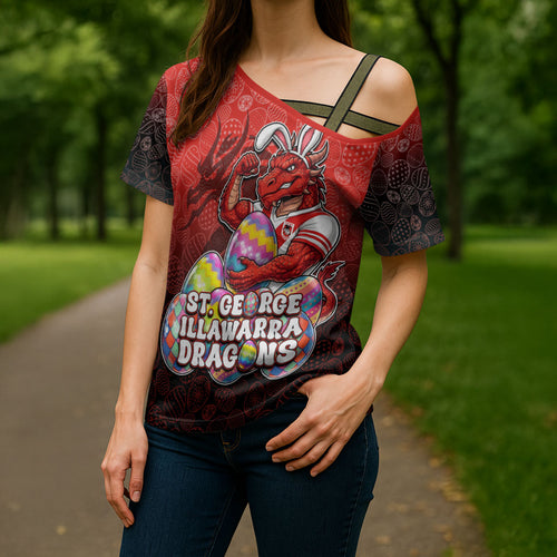 Personalized St. George Illawarra Dragons Cross Shoulder Shirt Easter Mascot - Colorful Eggs Cartoon Style