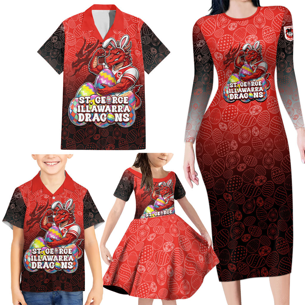 Personalized St. George Illawarra Dragons Family Matching Long Sleeve Bodycon Dress and Hawaiian Shirt Easter Mascot - Colorful Eggs Cartoon Style