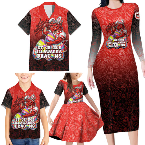 Personalized St. George Illawarra Dragons Family Matching Long Sleeve Bodycon Dress and Hawaiian Shirt Easter Mascot - Colorful Eggs Cartoon Style