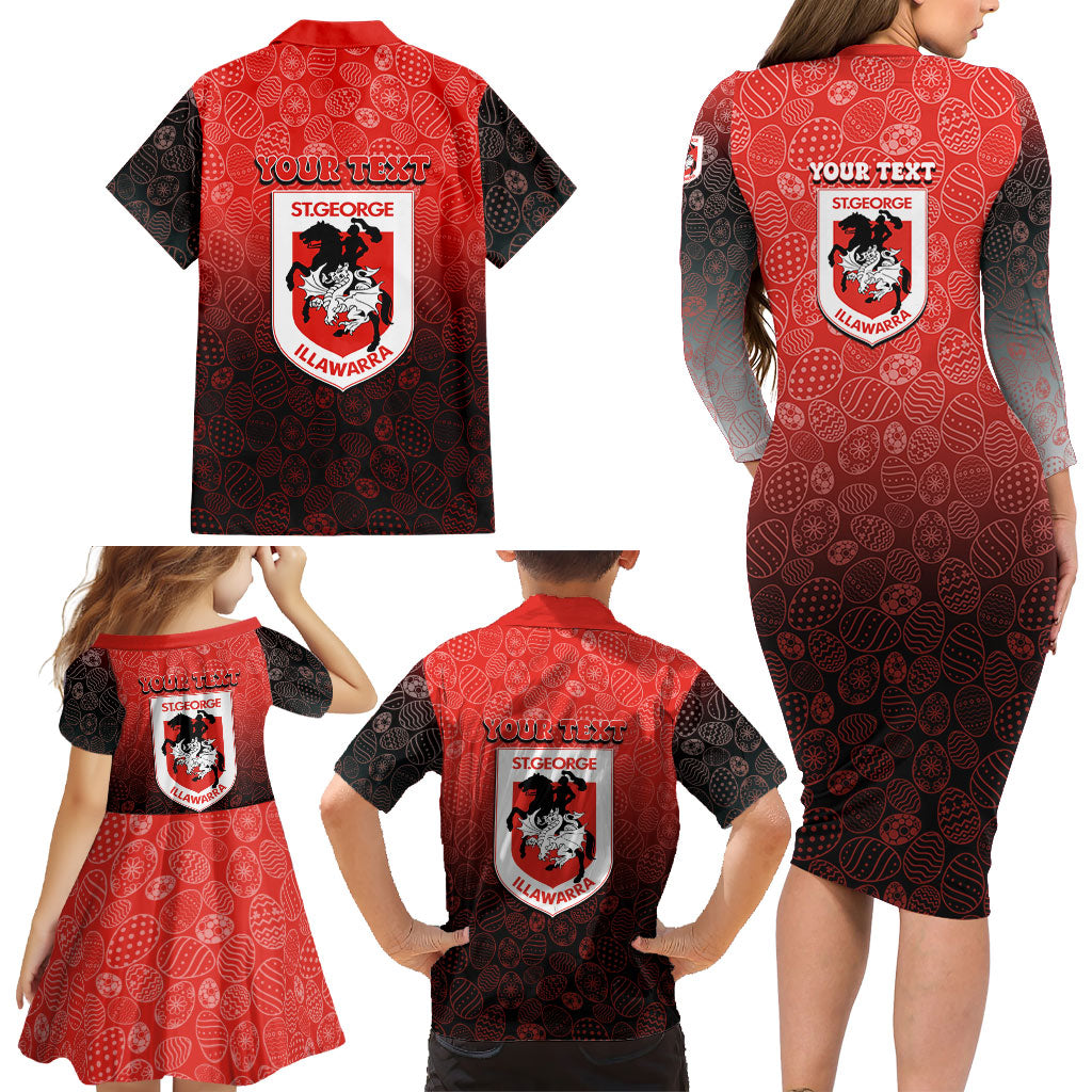 Personalized St. George Illawarra Dragons Family Matching Long Sleeve Bodycon Dress and Hawaiian Shirt Easter Mascot - Colorful Eggs Cartoon Style