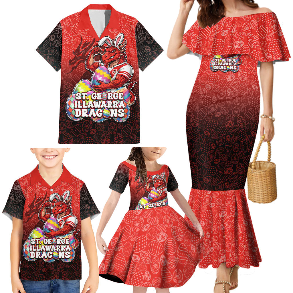Personalized St. George Illawarra Dragons Family Matching Mermaid Dress and Hawaiian Shirt Easter Mascot - Colorful Eggs Cartoon Style