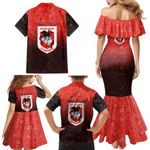 Personalized St. George Illawarra Dragons Family Matching Mermaid Dress and Hawaiian Shirt Easter Mascot - Colorful Eggs Cartoon Style