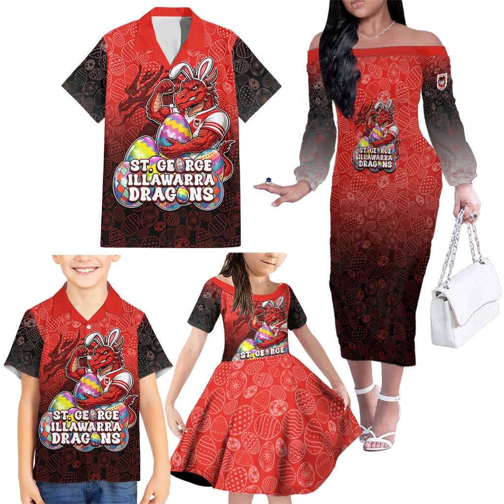 Personalized St. George Illawarra Dragons Family Matching Off The Shoulder Long Sleeve Dress and Hawaiian Shirt Easter Mascot - Colorful Eggs Cartoon Style